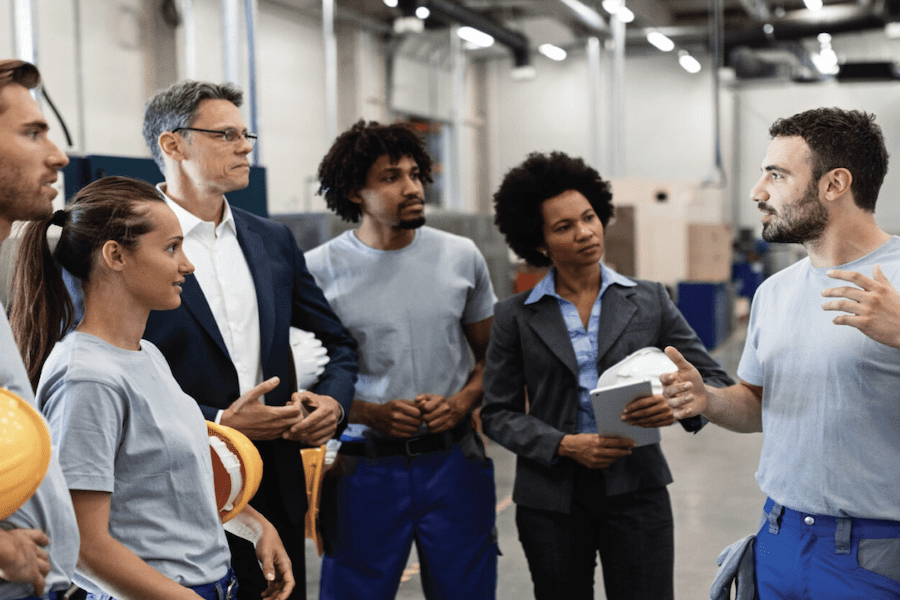 Workers meeting on site